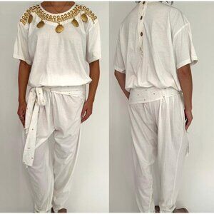 80s white gold seashell embellished summer vacation loose cotton pant jumpsuit